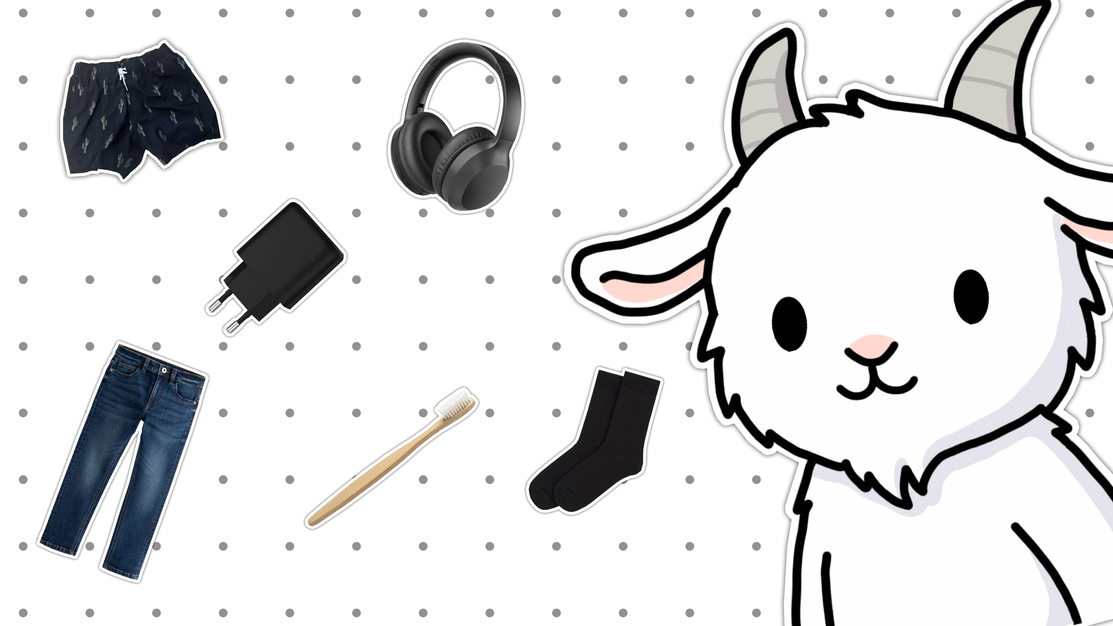 PackGoat 2.0 travel items shown as die-cut stickers alongside the PackGoat goat mascot