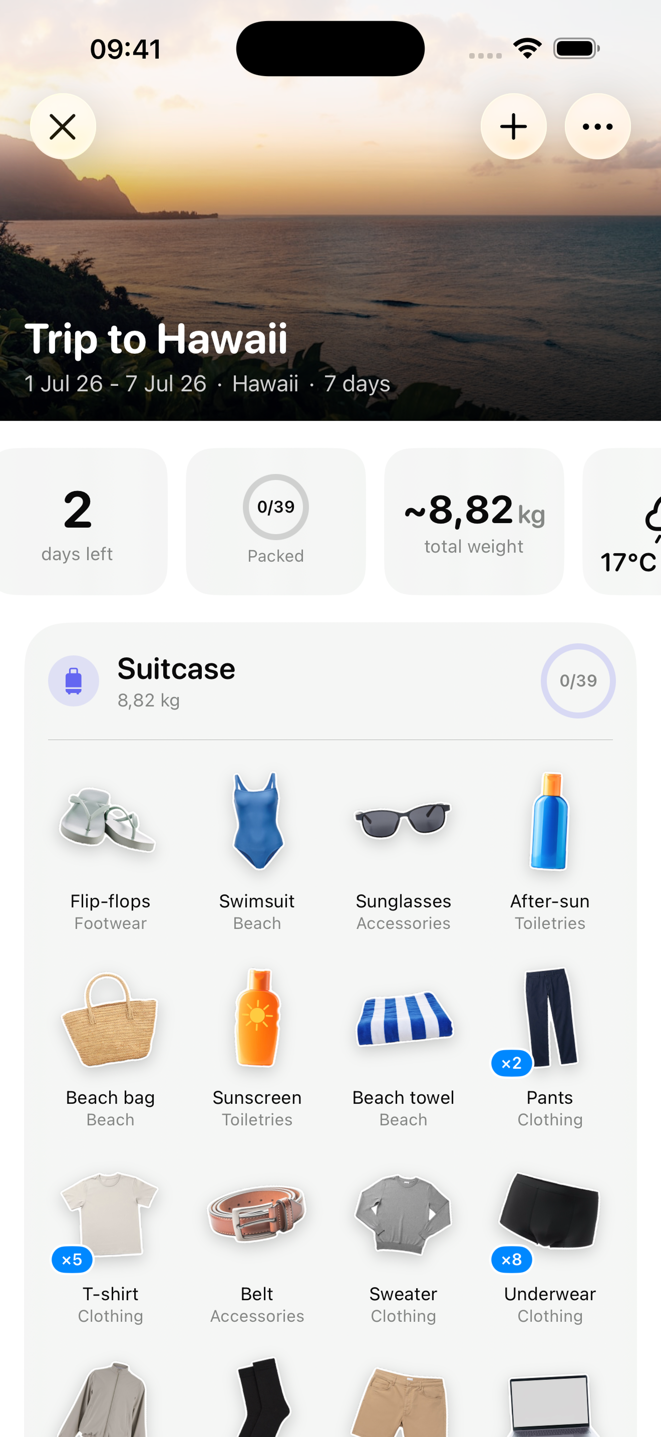 PackGoat packing checklist with sticker items checked off and to-dos