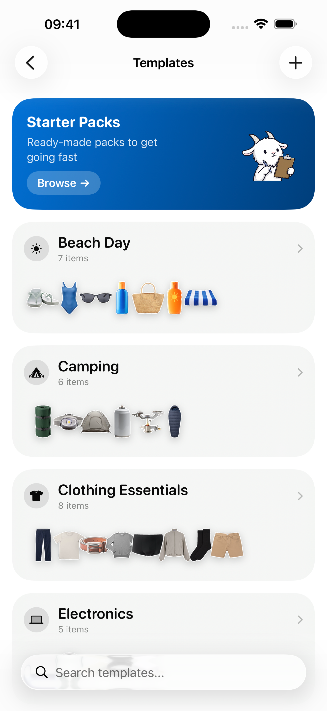 Reusable packing templates and Starter Packs in PackGoat for quick trip setup