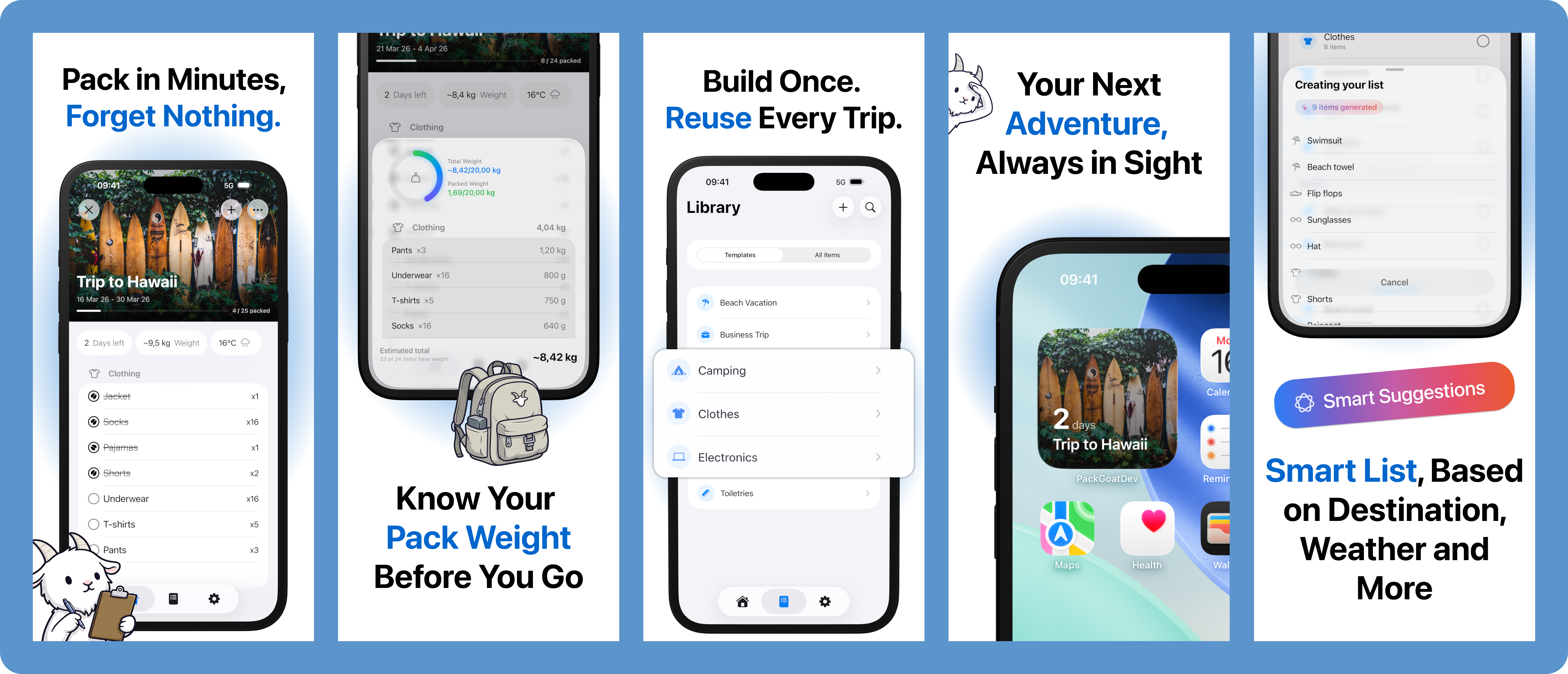 PackGoat App Store screenshots showing packing list, weight tracking, templates, home screen widget, and smart suggestions