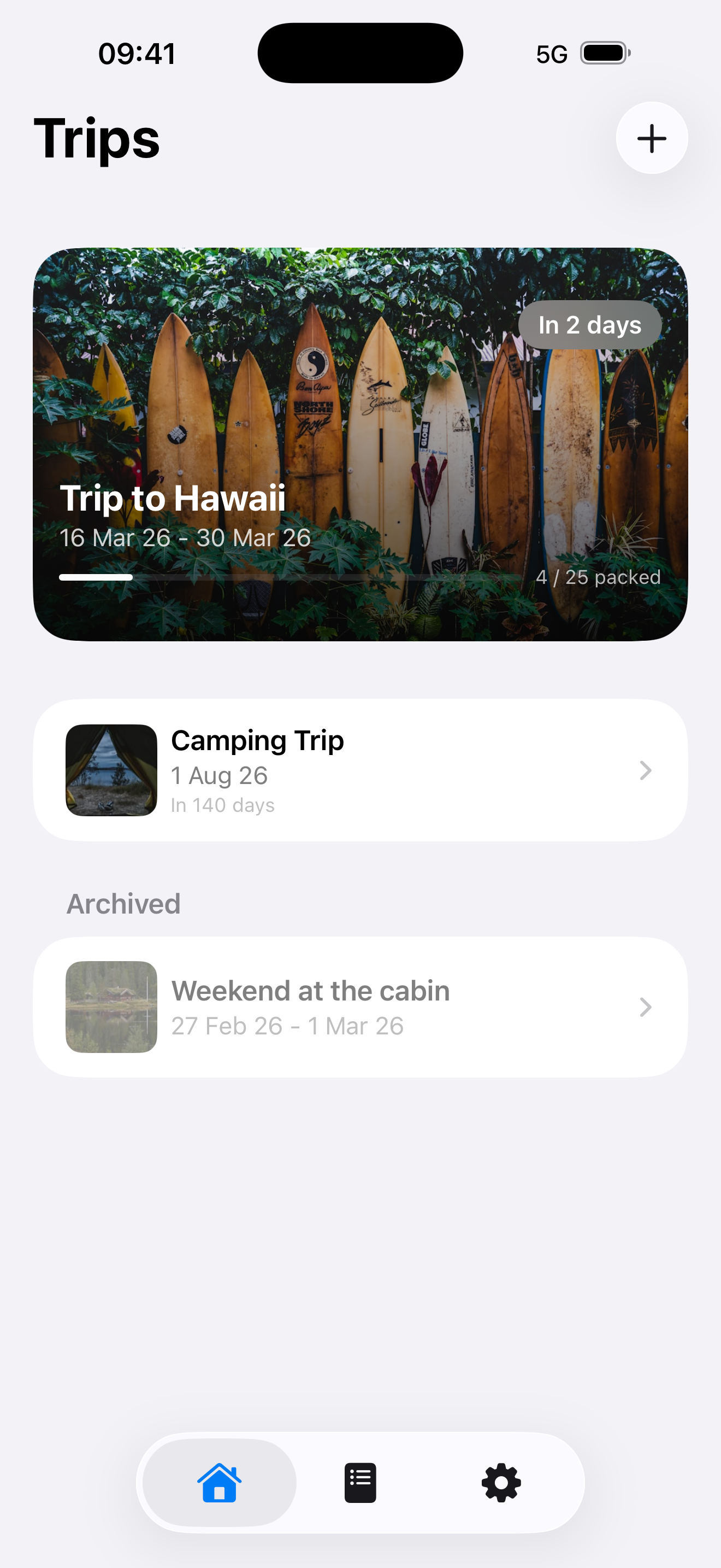 PackGoat travel packing list app showing trips with weight tracking