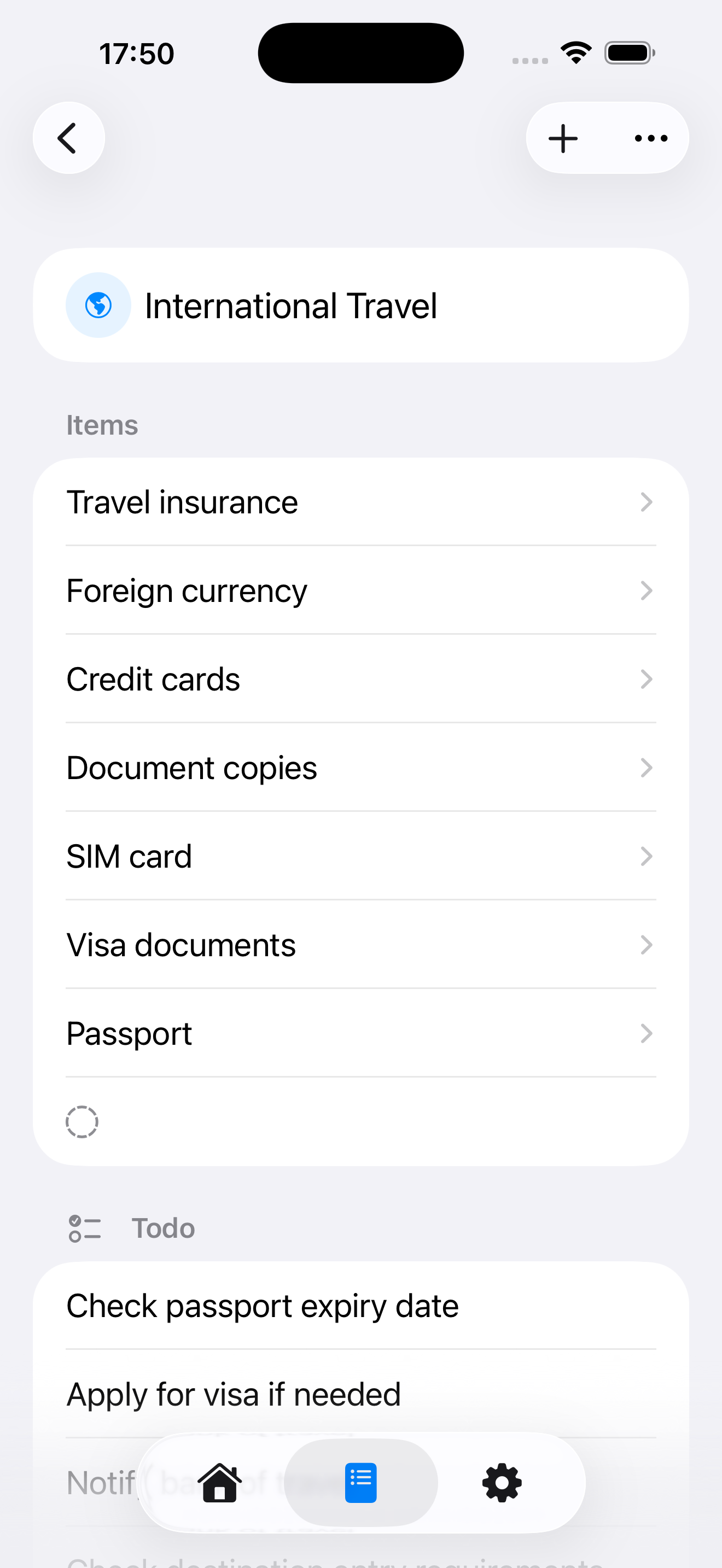 PackGoat template showing packing list items and categories